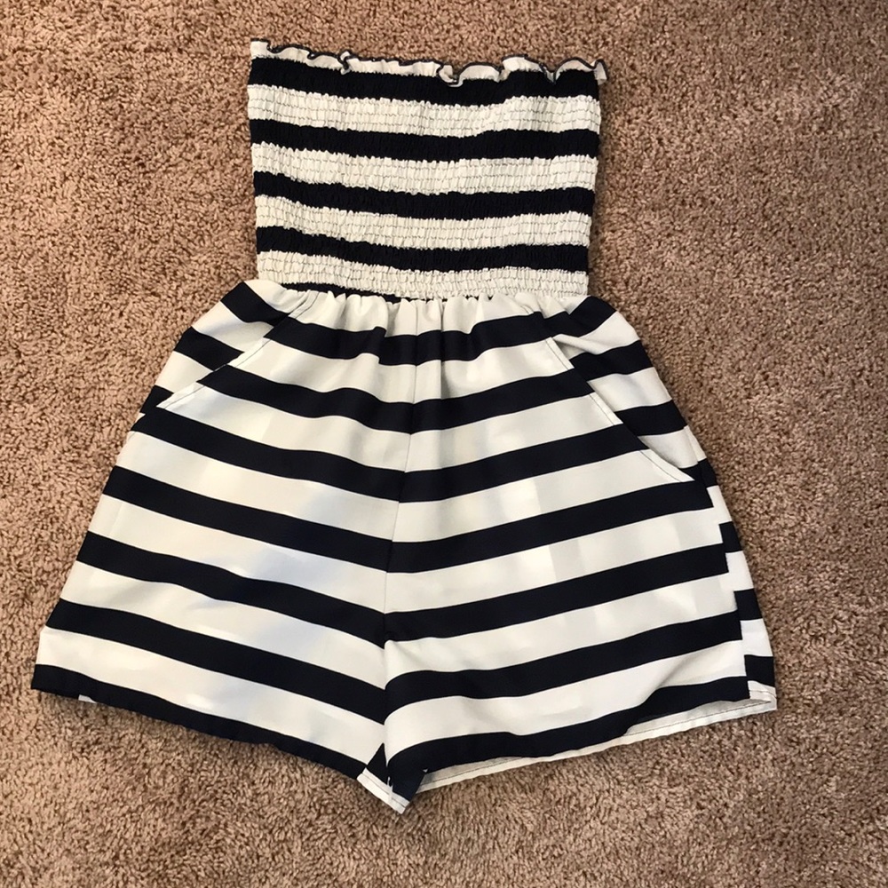 STRAPLESS White and Blue Striped Sailors Romper